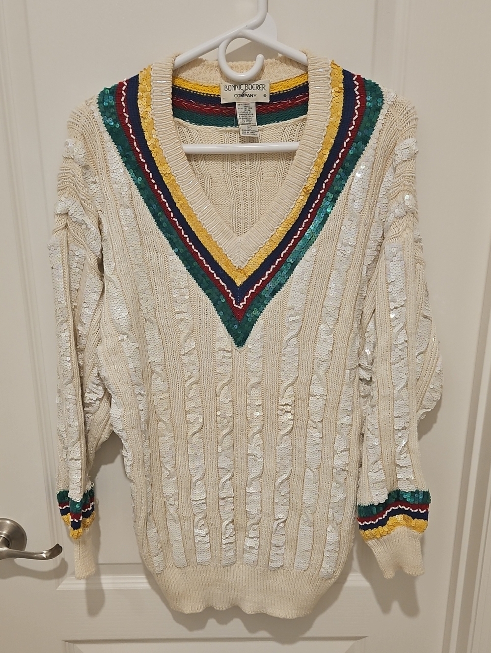 VTG 80's Bonnie Boerer Sequin Embellished Cable Knit Tennis Sweater S